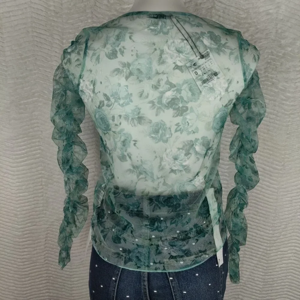 NWT Zara Green Floral Sheer Tulle Mesh Top Sz S
